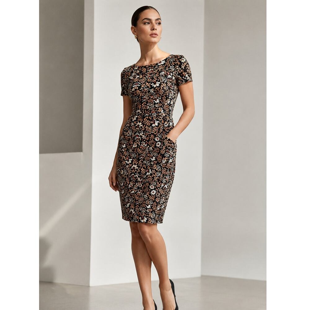 LandsEnd Floral Sheath Dress Size 6P Stretch Knee Length Pockets Back Zip